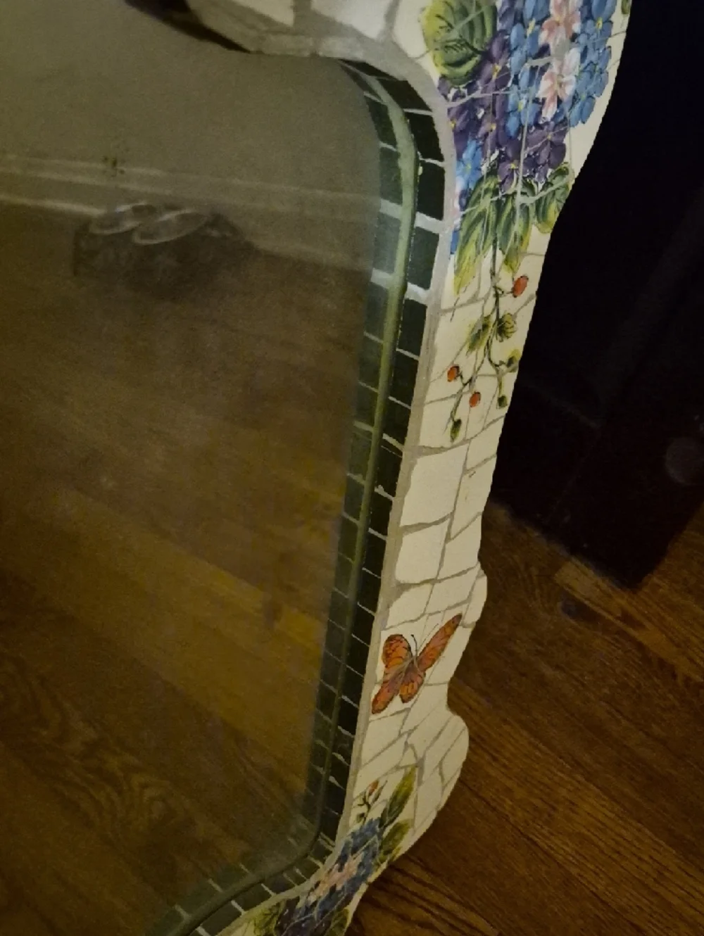 Handmade Mosaic Floral Mirror with Blue Hydrangeas and Butterflies